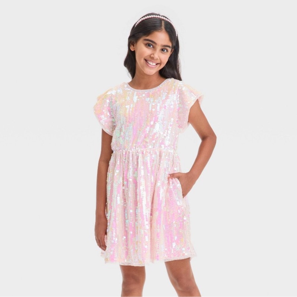 Cat & Jack Girls' Short Sleeve Sequin Dress - Peach Pink, XS